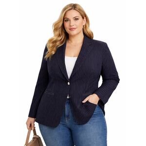 VTG Lauren Ralph Lauren 22W 100% Silk Pinstripe Blazer Navy Tailored Jacket